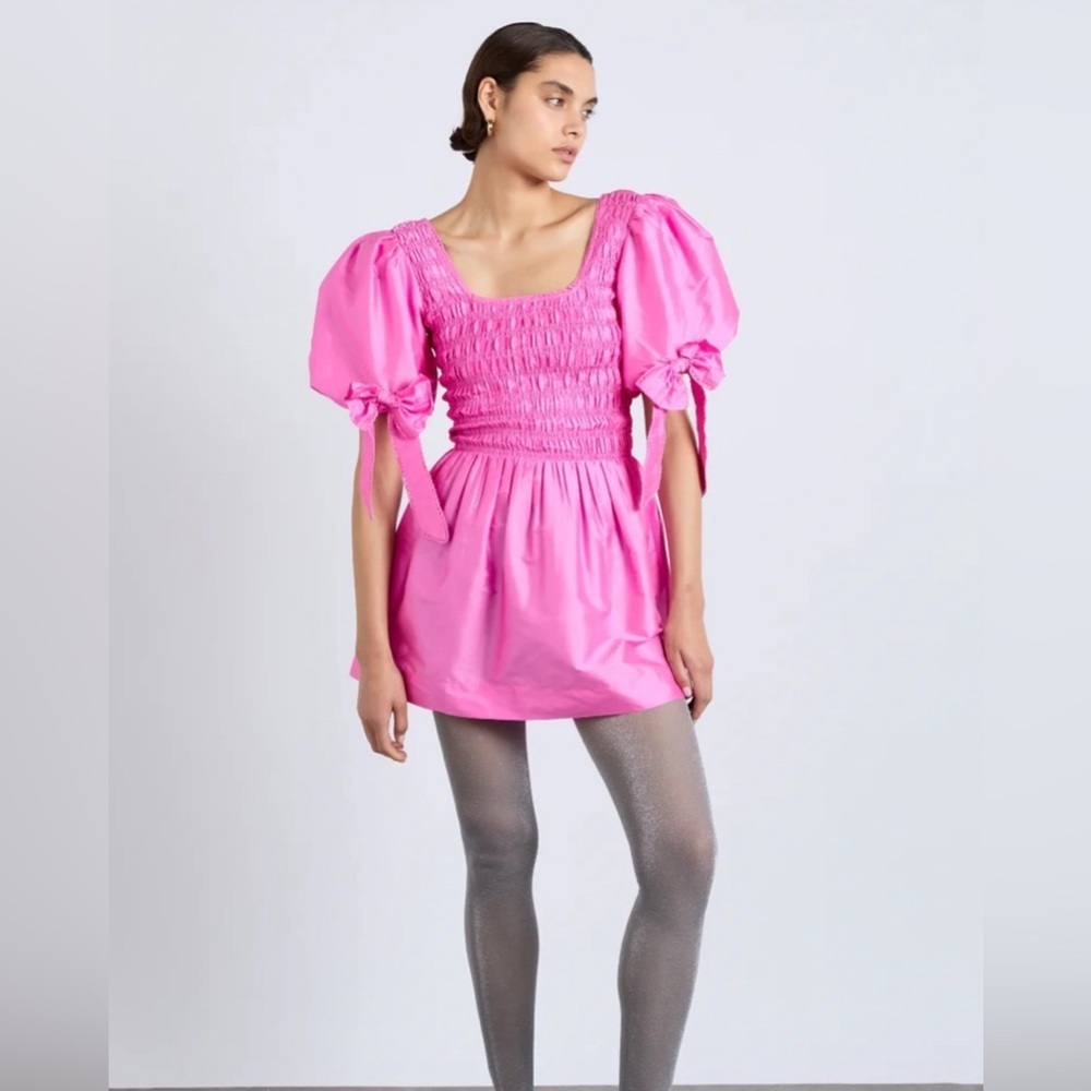 Damson Madder Lauren Pink Puff Sleeve Mini Dress size 12 unlined bow detail